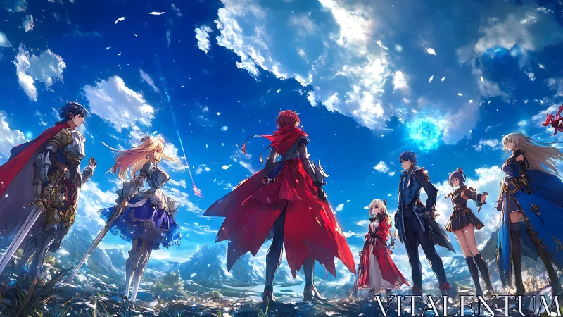 Skywide heroes trade destinies beneath a storm of falling light