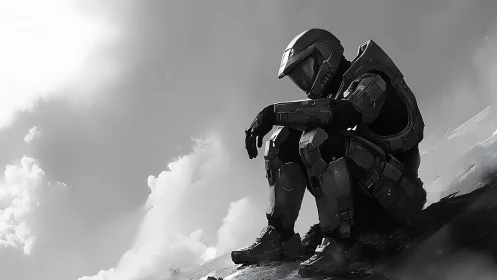 Armored soldier sits alone on rocky slope under clouded sky