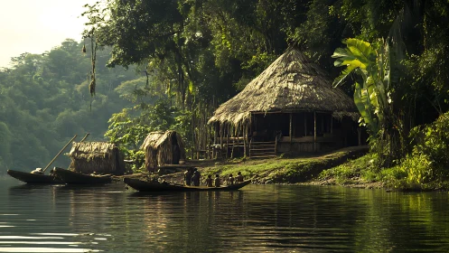 Riverside stilt village with thatched huts in golden canopy light.
