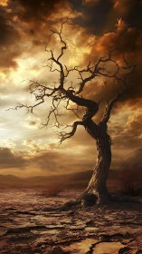 Twisted dead tree rises over cracked desert at sunset.