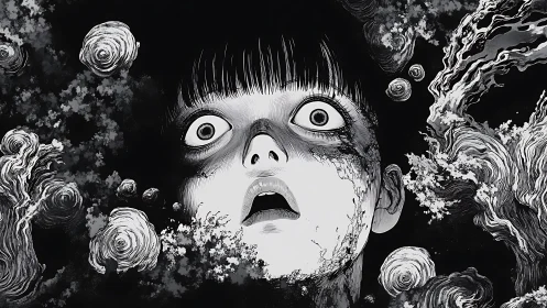 Wide-eyed wanderer caught in a swirling monochrome nightmare.