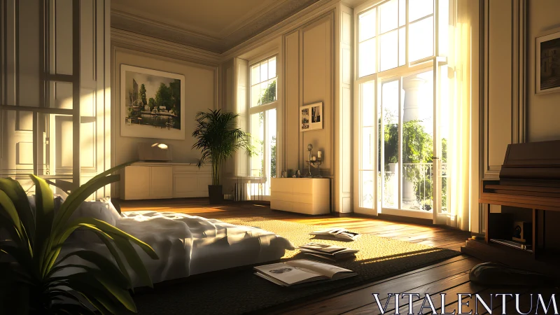 Sunlit bedroom retreat with warm wooden floors and plants.
