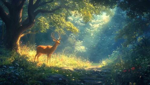 Majestic Deer in Sunlit Enchanted Forest, Digital Fantasy Art.