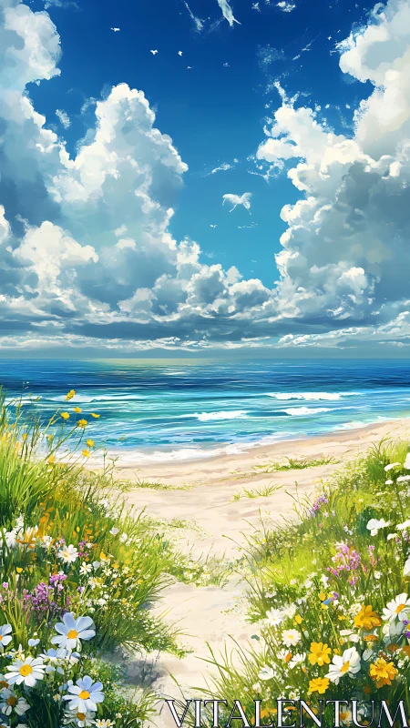 Sunlit coastal path opens onto tranquil blue ocean horizon.