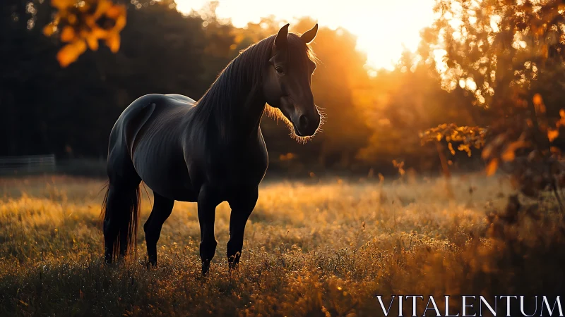Sunlit stallion standing in glowing amber meadow dusk.