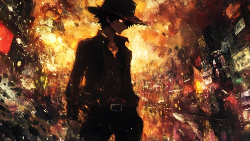 Lone ember-eyed wanderer crossing a glittering city inferno.