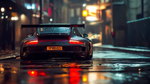 Rain-soaked GT sports car rendered in cinematic photorealism