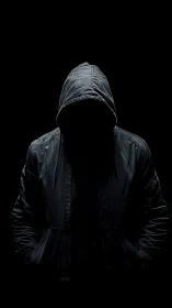 Hooded figure stands in low key lighting against black background