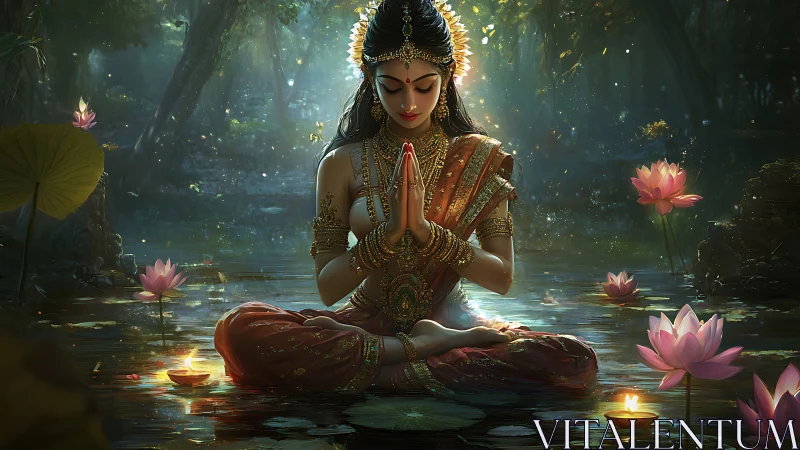 Seated woman in lotus pose amid illuminated forest pond.