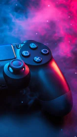 Gamepad controller rendered with neon blue and magenta atmospheric lighting