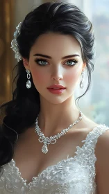Digital portrait of woman in ornate white bridal gown.