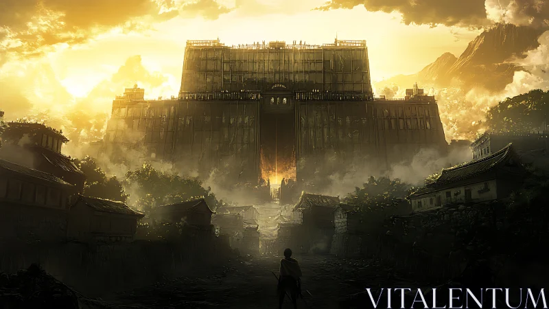 Lone figure faces colossal fortress in burning sunset.