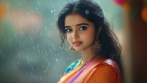 Portrait shows traditionally dressed woman in rainfall