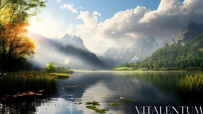 Morning sunlight gently warms a peaceful mountain lake valley