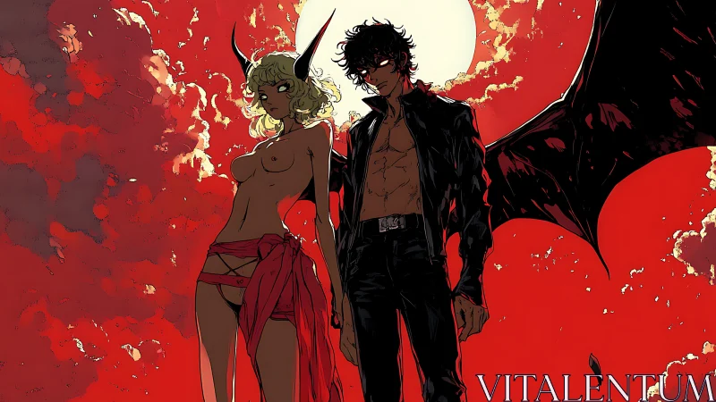 Moonburned demon lovers stride through a bloodred sky.