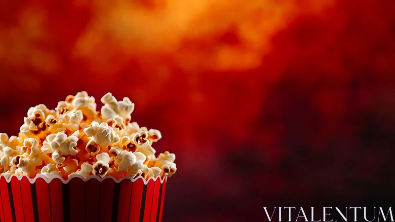Crisp buttered popcorn in striped tub against fiery bokeh background.