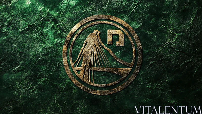 Metallic bridge emblem on textured green stone background.