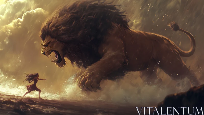 Giant lion charging lone girl through storming surf.