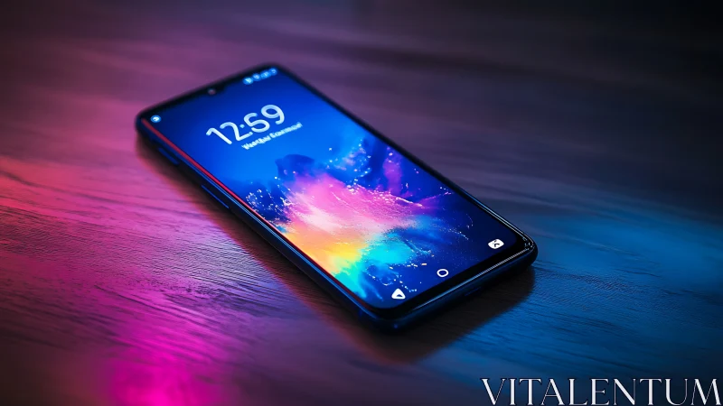 Smartphone with vibrant gradient display on colored ambient lighting surface
