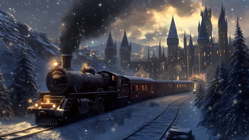 Steam train cuts through snowy night toward lit castle