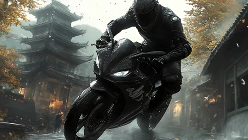 Stealth rider leans into speed beside misty Japanese pagoda.