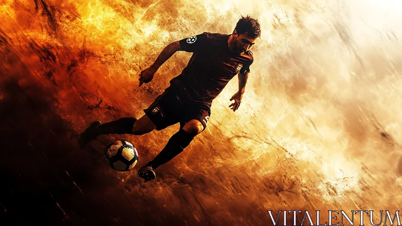 Fiery soccer sprint through swirling golden stadium light.