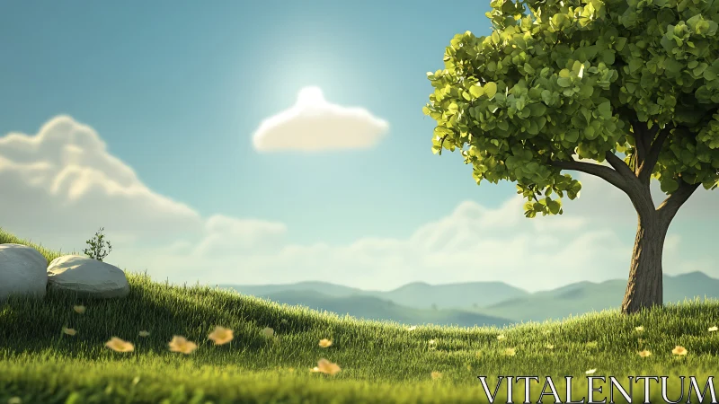 Gentle sunlit meadow welcomes a lone leafy tree to rest