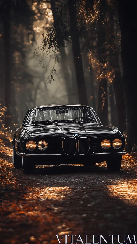 Vintage black coupe is stationary on a forest dirt road