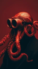 Cephalopod-masked figure merges horror and sci-fi surrealism.