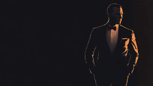 Silhouetted man in tuxedo against deep black background.
