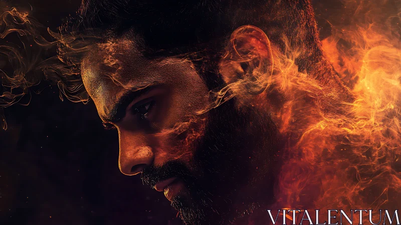Profile of male head partially merged with swirling flames.