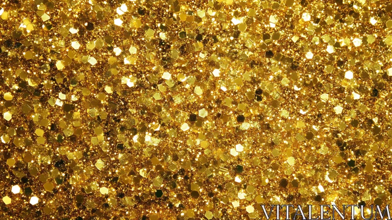 Macro photograph of dense golden hexagonal glitter surface