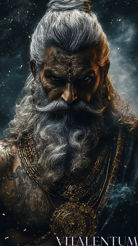 Mythic sage portrait with jeweled brow and ornate medallion.