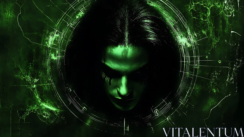 Cyber-occult visage within luminescent radial schematics.