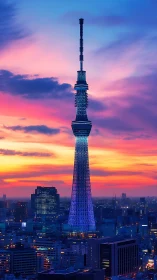 Tokyo broadcast tower glowing against vivid sunset sky.
