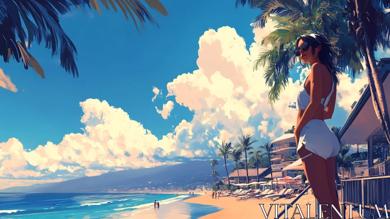 Coastal atmospheric perspective with stylized sunlit observer.