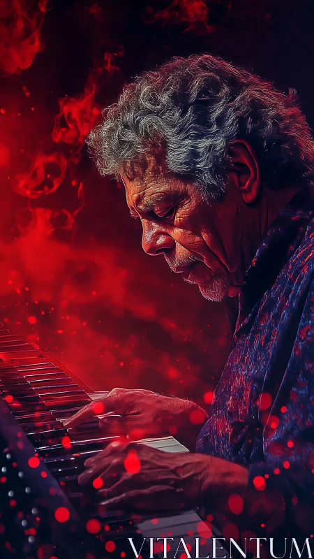 Elderly pianist in red abstract light playing keyboard with focus.