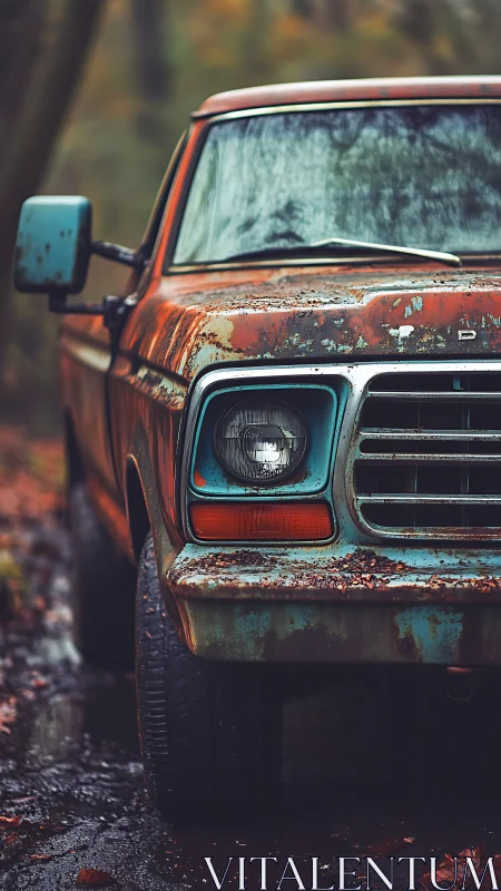 Rusty vintage pickup truck front in forest setting.