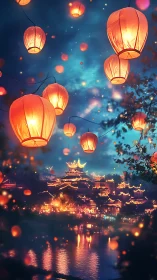 Digital painting of lantern-lit riverside temple city at night.