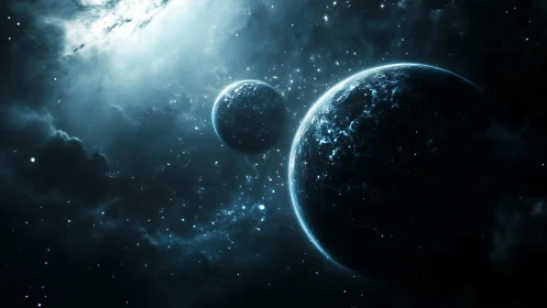 Two illuminated planets in dense star field of deep space.