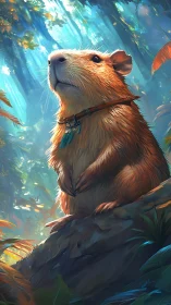 Heroic guinea pig stands on forest rock in sunlight.