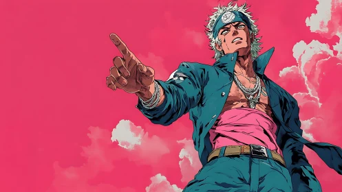 Defiant anime hero points upward against vivid pink sky