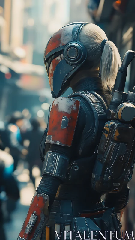 Cyberpunk street operative in red armored exosuit profile.