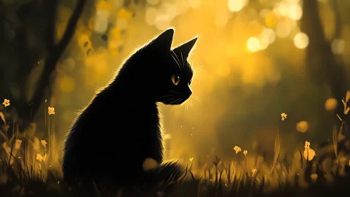 Black Cat with Golden Eyes in Sunlit Meadow.