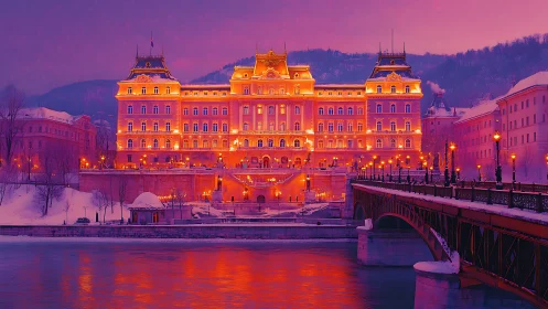 Grand riverside palace glows at dusk in a snowy winter city