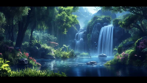 Luminous jungle waterfalls over tranquil blue lagoon at dawn.