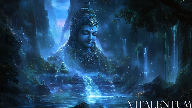 Mythic waterfall sanctuary with monumental serene deity bust.