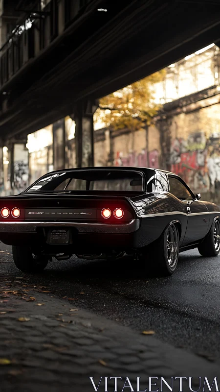 Vintage muscle car glows under urban overpass at dusk.