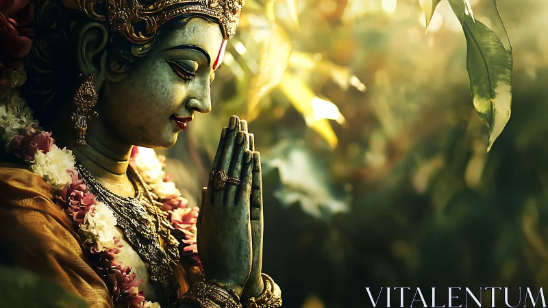 Serene Hindu deity statue praying in warm golden forest light.