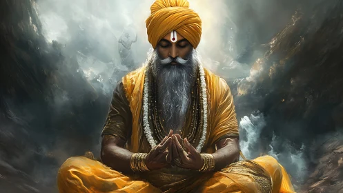 Meditating sage in golden robes amid stormy mountain clouds.